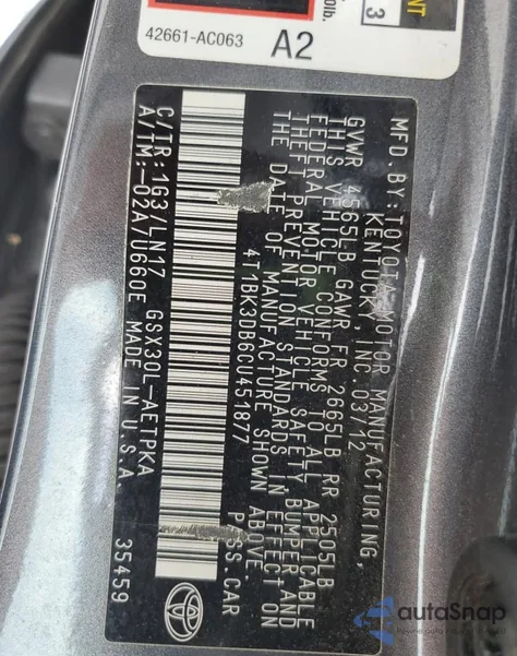 2012 Toyota Avalon Base z USA, uszkodzony, nr VIN 4T1BK3DB6CU451877